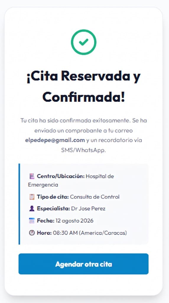 Pantalla de confirmación de cita en TuConsulta.net